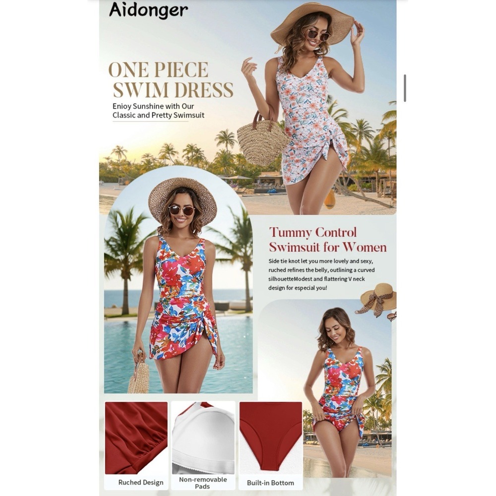 Aidonger One Piece Swim Dress Womens SMALL Tummy Control Skirt Floral Ruched - Picture 6 of 10